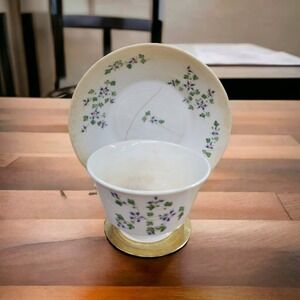 Antique English Porcelain Sprig Tea Cup Bowl and Saucer Green Blue Handleless